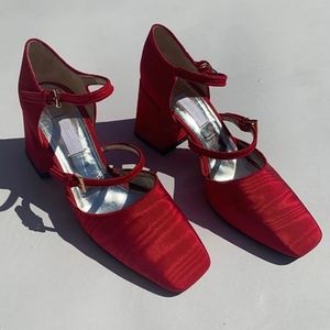 Suzanne Rae Red Moire double strap mary janes 39
